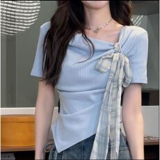 批发【原版面料】蓝色正肩t恤短袖女夏季不规则法式短款遮肚显瘦上衣