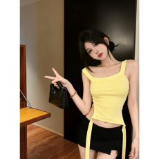 官图 1*1随心裁 260克夏季新款黄色收腰系带显瘦吊带小背心