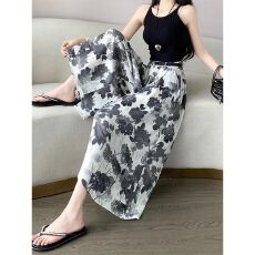 批发夏季薄款2026年新款高腰宽松显瘦<b class='q'>时尚</b>水墨印花八分设计阔腿长裤女