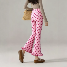 批发<b class='q'>时尚</b>2026春季新款<b class='q'>时尚</b>百搭设计感粉色波点木耳花边九分微喇裤女装