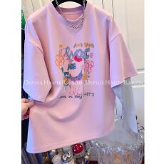 批发洋气涂鸦假两件网纱长袖T恤女<b class='q'>宽松</b>设计感2026年春季新款时尚<b class='q'>上衣</b>