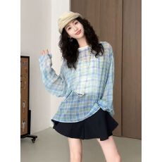 批发【原版纯棉面料】韩系格子长袖T恤女夏季新款慵懒风外搭防晒上衣