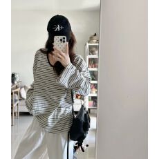 批发【原版面料】韩系复古条纹慵懒风薄款防晒罩衫长袖t恤女夏季上衣