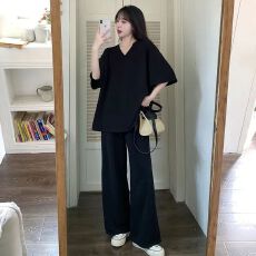 批发欧货时尚V领<b class='q'>运动服</b>套装女夏季胖mm300斤<b class='q'>大码</b>薄款宽松阔腿裤两件套