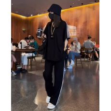 批发欧货时尚V领<b class='q'>运动服</b>套装女夏季胖mm300斤<b class='q'>大码</b>薄款宽松阔腿裤两件套