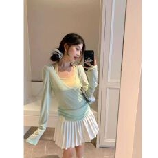 批发(原版做法）套装薄款<b class='q'>防晒</b>长袖T恤罩衫女叠穿挂脖吊带背心两件套