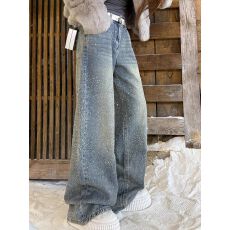 批发【非实拍】双面<b class='q'>烫钻</b>美式复古满天星闪钻阔腿<b class='q'>牛仔裤</b>女宽松坠感