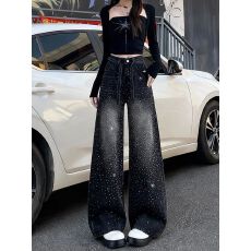批发双面<b class='q'>烫钻</b>美式复古满天星闪钻阔腿<b class='q'>牛仔裤</b>女宽松坠感
