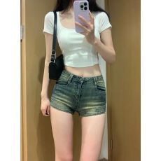 批发辣妹复古做旧牛仔短裤修身直筒<b class='q'>热裤</b><b class='q'>高腰</b>阔腿A字短裤