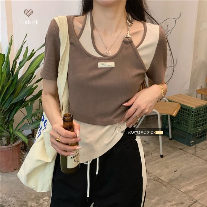 원본 것 불규칙 페이크 레이어드 반팔 여성 여름 작은 대중 디자인 센스 핫걸 쇼트 스타일 몸매 가꾸기 맨위