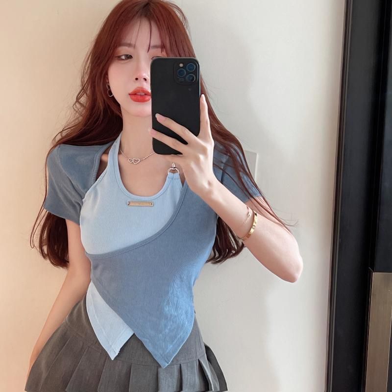 얼음 실크 리브 달콤한 매운맛 행침 목 긍정적 인 어깨 반팔 티셔츠 여성 여름 십자가 불규칙 배색 쇼트 스타일 맨위