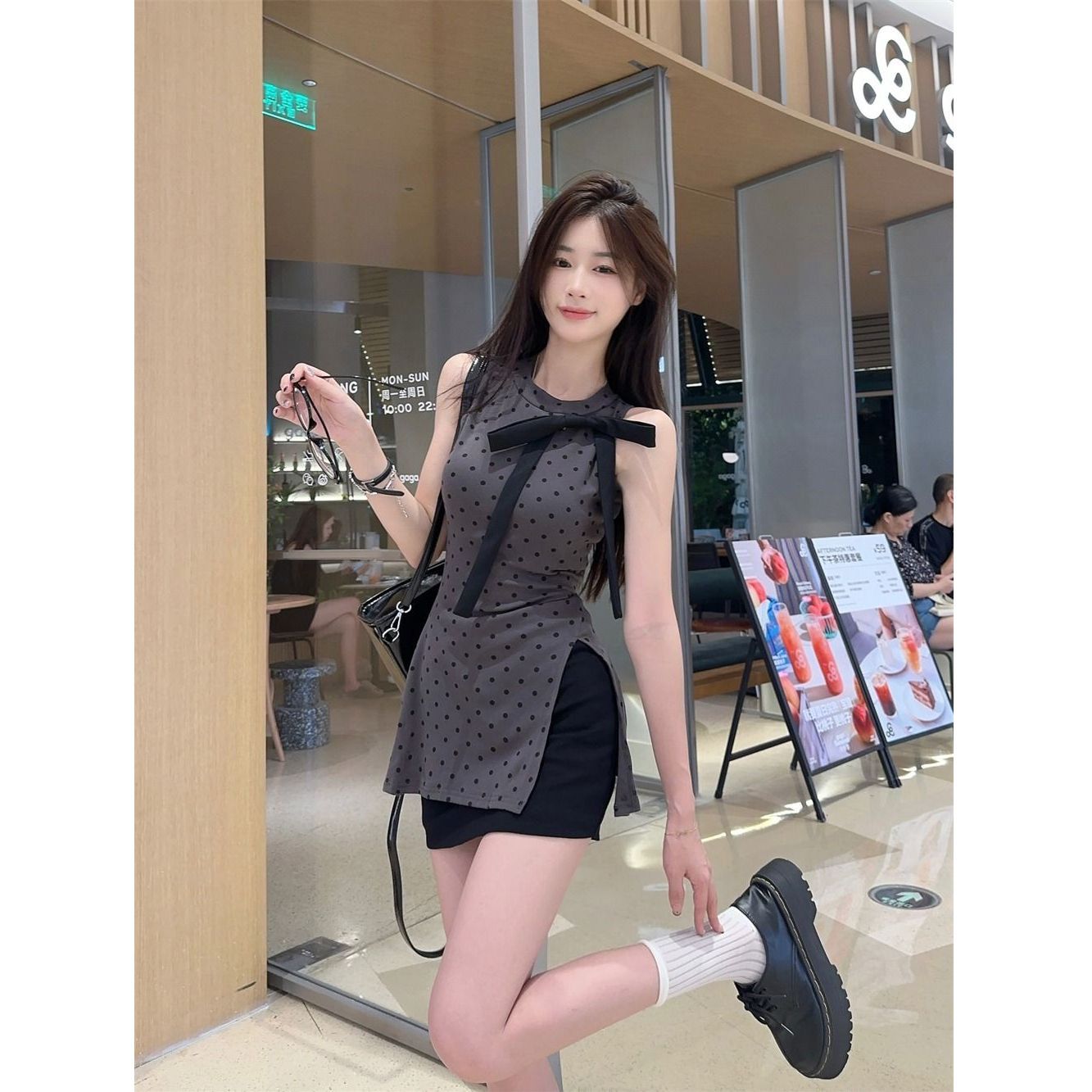 모달 사람들 면 프랑스식 품격 나비 매듭 민소매 조끼 여성 여름 불규칙 트임 도트 무늬 맨위