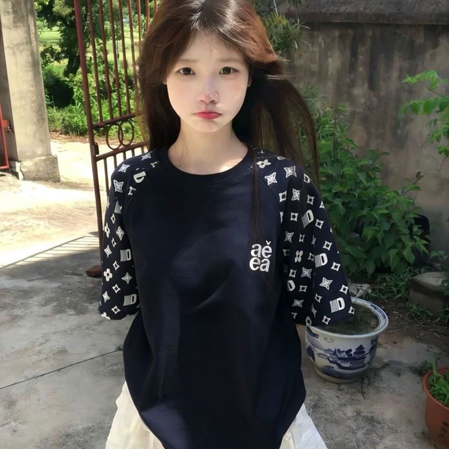 정가 자수 프린트 네리 가게 천 순면 220 그램 빗질하다 닫기 반팔 티셔츠 여성