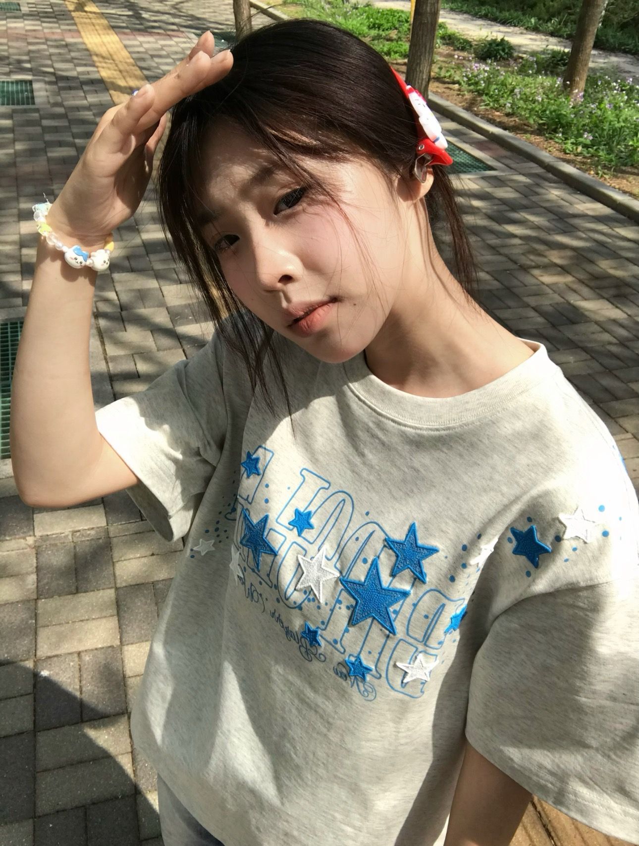 정가 프린트 구슬 조각 자수 네리 가게 천 순면 220 그램 반팔 티셔츠 여성