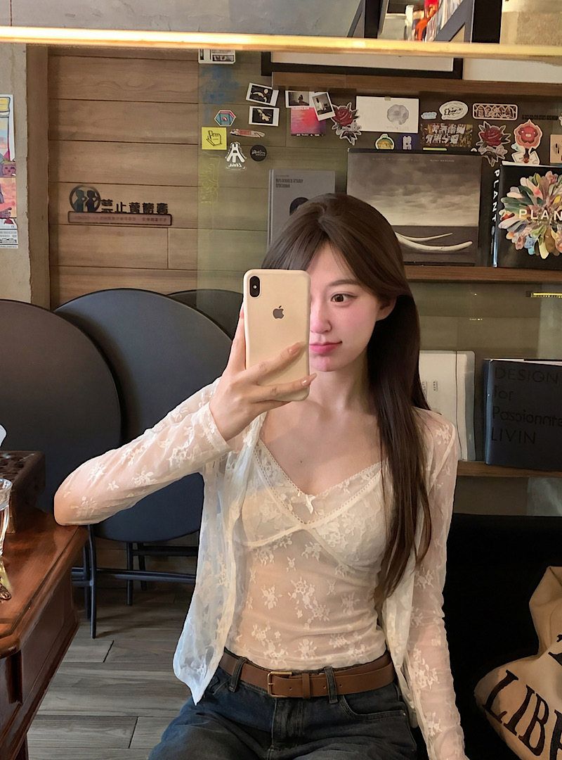 순수한 욕망 바람 세트 화이트 레이스 자카드 망사 캐미솔 여성 의류 여름 긴팔 카디건 코트 투피스 세트