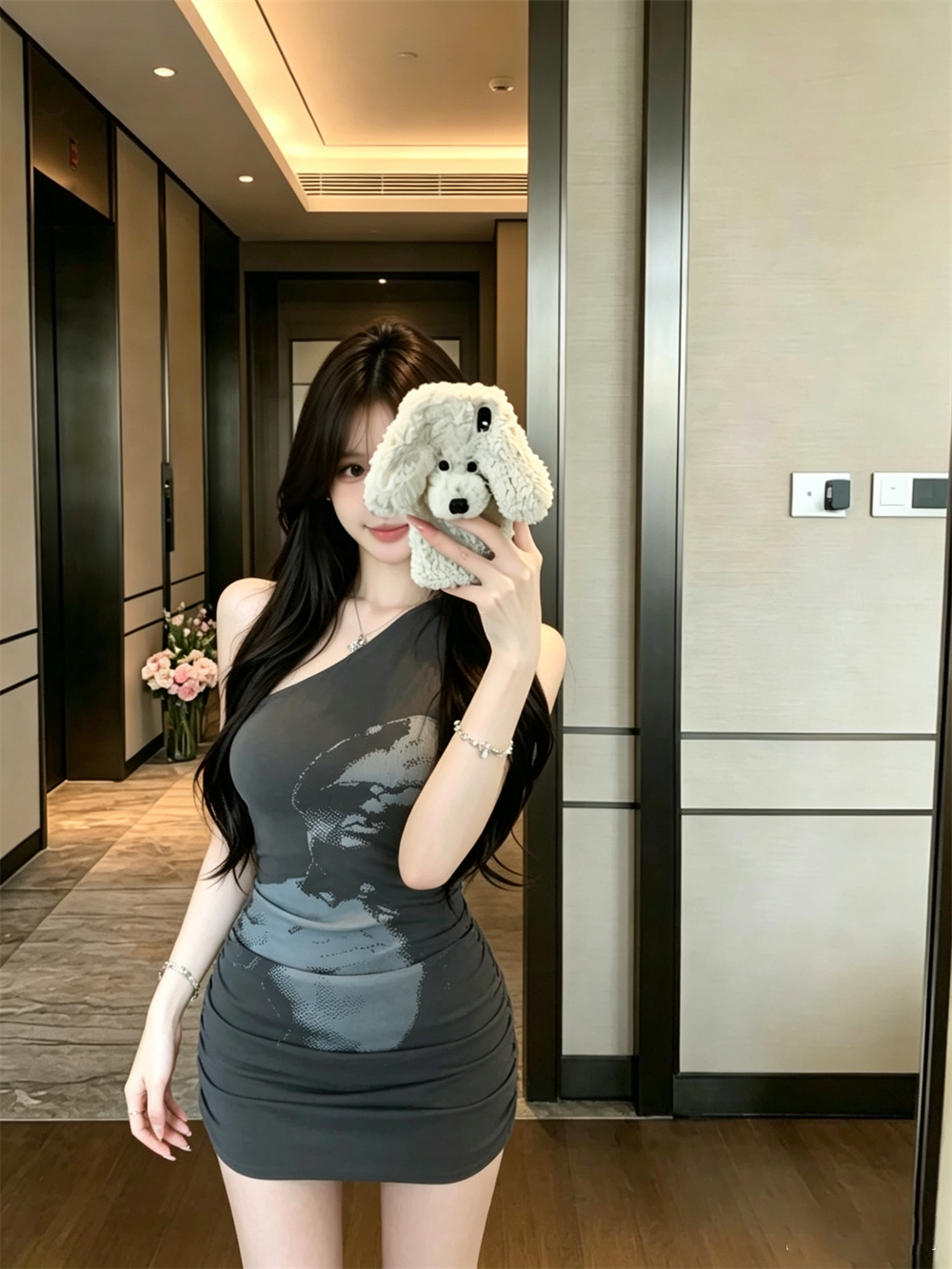 210 그램 좋은 면 핫걸 섹시함 프린트 비스듬한 어깨 타이트 스커트 여성 드레스 여름 패션 개성 주름 미니 스커트