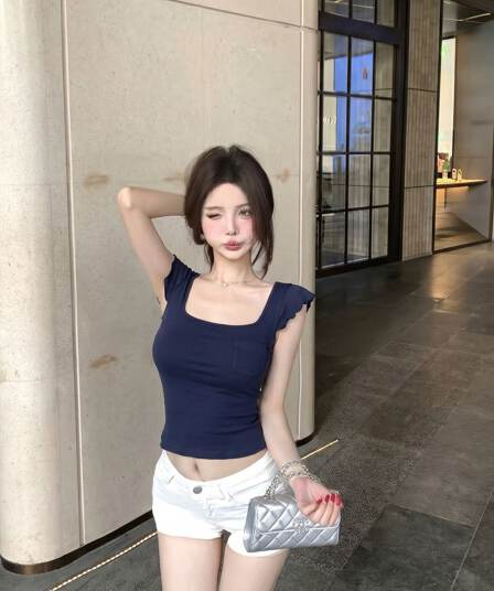 라이 경기 서울 광장 칼라 프릴 작은 날다 소매 티셔츠 여성 여름 몸매 가꾸기 슬림해 보이는 순수한 욕망 다용도 풀오버 쇼트 스타일 맨위