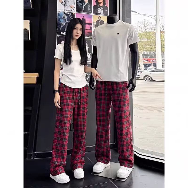 체크무늬 바지 봄 가을 새로운 아메리칸 펌프 로프 밴딩 하이웨이스트 루즈핏 도루 가을 유도 성 주름 스트레이트 와이드 레그 팬츠 어린이