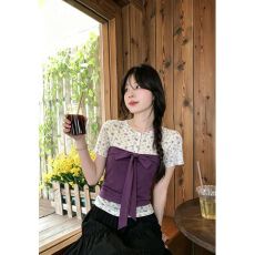 批发甜美风碎花圆领正肩短袖T恤女装夏季穿搭叠穿绑带背心上衣两件套