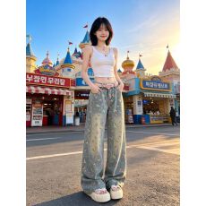 批发美式复古辣妹<b class='q'>牛仔裤</b><b class='q'>女</b>小众宽松显瘦<b class='q'>直筒</b>阔腿拖地裤