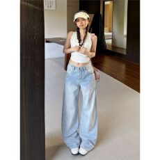 批发美式复古辣妹<b class='q'>牛仔裤</b><b class='q'>女</b>小众宽松显瘦<b class='q'>直筒</b>阔腿拖地裤
