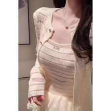 批发新款春<b class='q'>夏</b>时尚字母钻饰条纹针织吊带开衫两件套女百搭气质外穿上衣