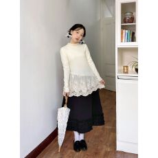 批发1*1德绒小香风<b class='q'>裙摆</b>拼接蕾丝边T恤女秋叠穿屁帘打底衫内搭长袖<b class='q'>上衣</b>