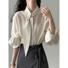 批发原版品质】 韩系围巾领<b class='q'>长袖</b>衬衫女秋季设计小众<b class='q'>长袖</b>上衣宽松