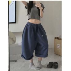 批发美式蓝色短裤七分卫<b class='q'>裤子</b>女夏季2026韩版抽绳高腰宽松阔腿休闲中裤