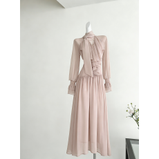 批发CYNR原创设计法式<b class='q'>宫廷</b>雪纺飘带V领灯笼袖<b class='q'>连衣裙</b>量感下摆收腰长裙