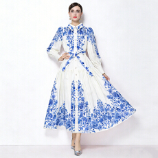 批发实拍2026<b class='q'>春秋</b>新款复古棉麻翻领灯笼袖印花<b class='q'>连衣裙</b>长裙