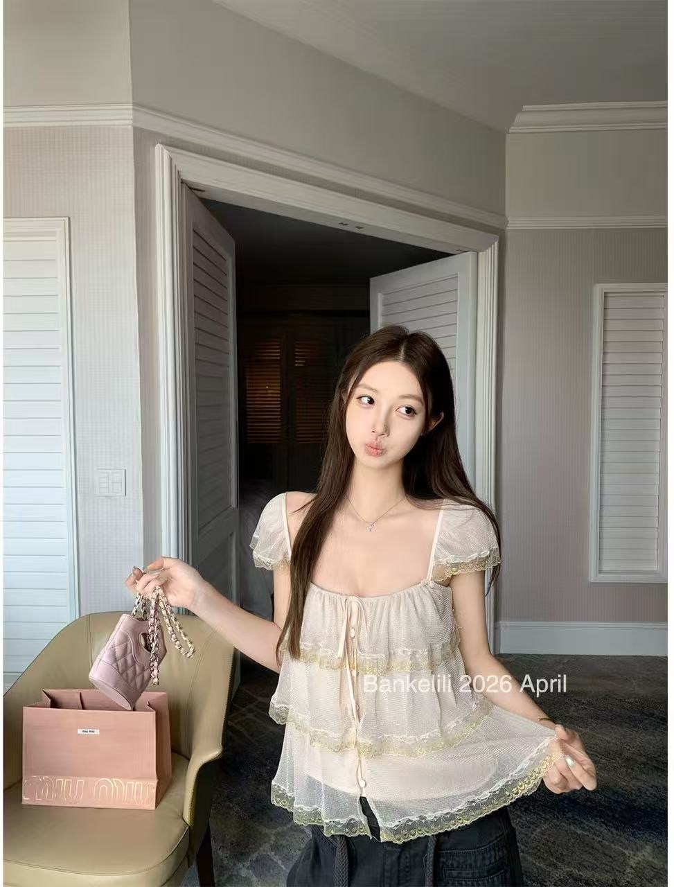 밤나무 코코아 bankelili 팬 바다 리건 프릴 레이스 계층의 감각 작은 날다 소매 광장 칼라 슬립 여성