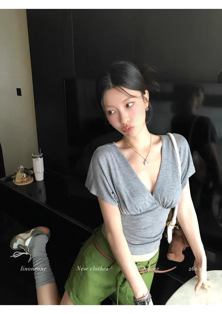 linoneone5 31 우유 피부 에어컨 tee 주간 실크 양모 V넥 주름 Feifei 소매 유 색상 반팔 티셔츠