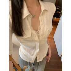 e go studio 亚麻棉中袖收身衬衫棉T女夏新款修身双口袋衬衣上衣