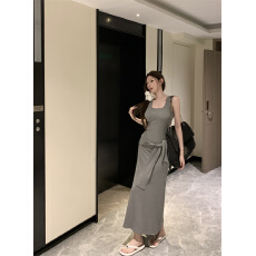 批发实拍实价 U领无袖工字背心连衣裙女夏季收腰修身裙子气质包臀长裙