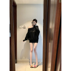 批发实拍不减价 纯色斜肩一字领蝙蝠袖<b class='q'>连衣裙</b>女春季收腰褶皱包臀短裙