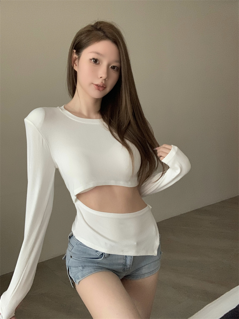 실사 정가 핫걸 프랑스식 품격 라운드 넥 이슬 허리 긴팔 티셔츠 여성 가을 몸매 가꾸기 고급 센스 홀로우 아웃 맨위