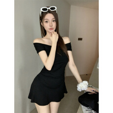 批发实拍实价 性感辣妹U领短袖<b class='q'>连衣裙</b>夏女纯欲风a字收腰短款裙子