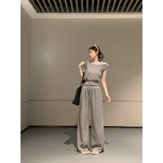 批发实拍不减价 华夫辣妹短袖T恤直筒休闲阔腿裤女<b class='q'>春</b>夏季新款时尚套装