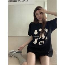 批发实拍实价 春夏甜美可爱减龄<b class='q'>宽松</b>卡通猫印花垫肩短袖<b class='q'>T</b><b class='q'>恤</b>女上衣潮