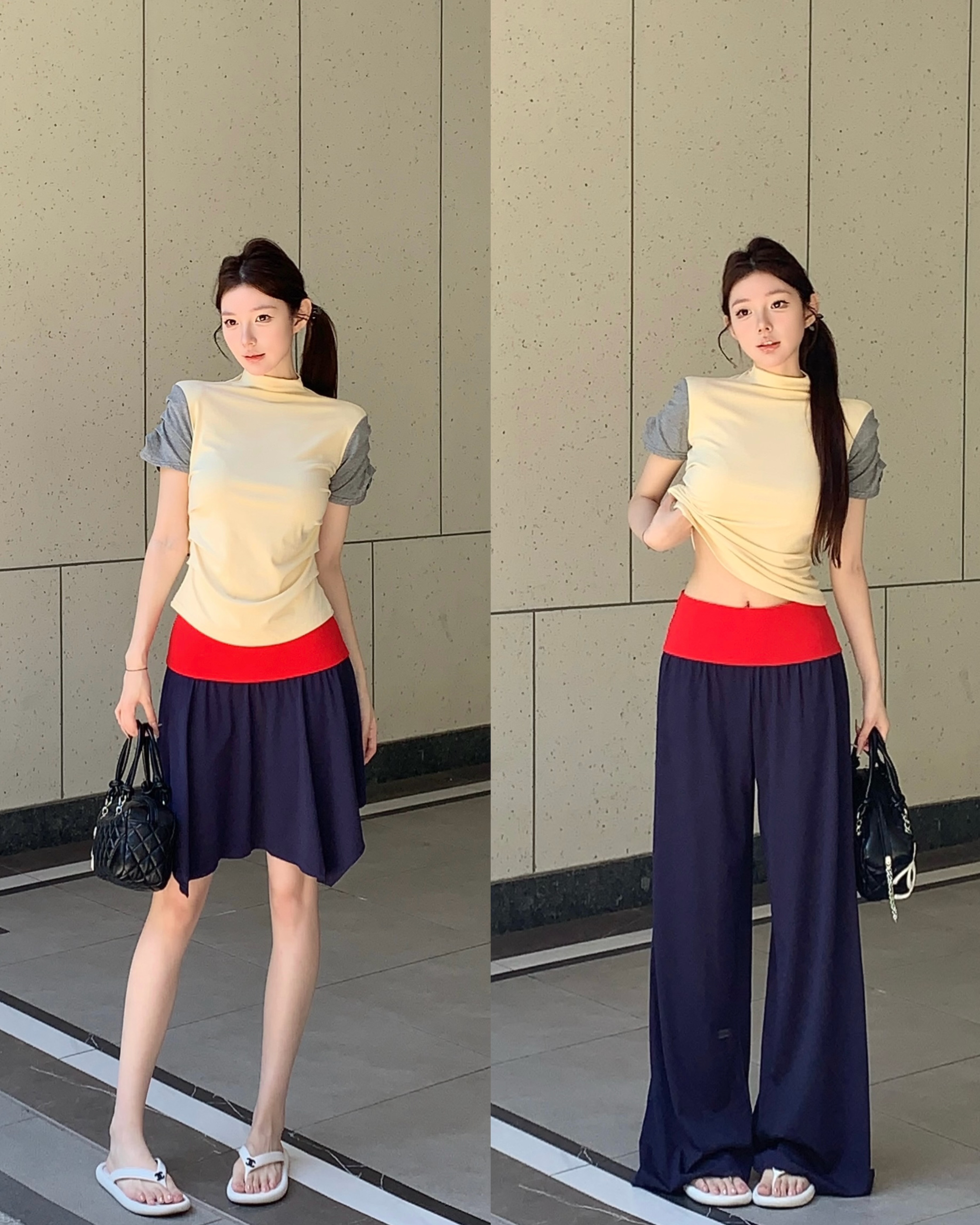 陈都灵复古撞色高领短袖上衣撞色拼接修身半裙休闲裤  服裝批發女裝批發服飾貨源
