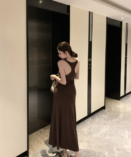 실사 정가 u 칼라 민소매 단어 조끼 여성 드레스 여름 허리 수축 몸매 가꾸기 치마 품격 타이트 스커트 롱 스커트