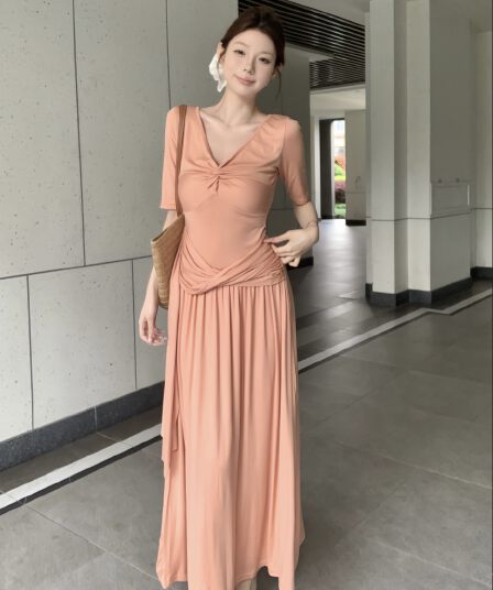 실사 아니요 가격 인하 순수한 욕망 섹시함 회색 비틀림 드레스 아이들 여름 고급 센스 품격 허리 수축 롱 스커트