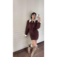 批发不减价 韩设计感拼接衬衫领针织休闲上衣气质<b class='q'>短裙</b>套装