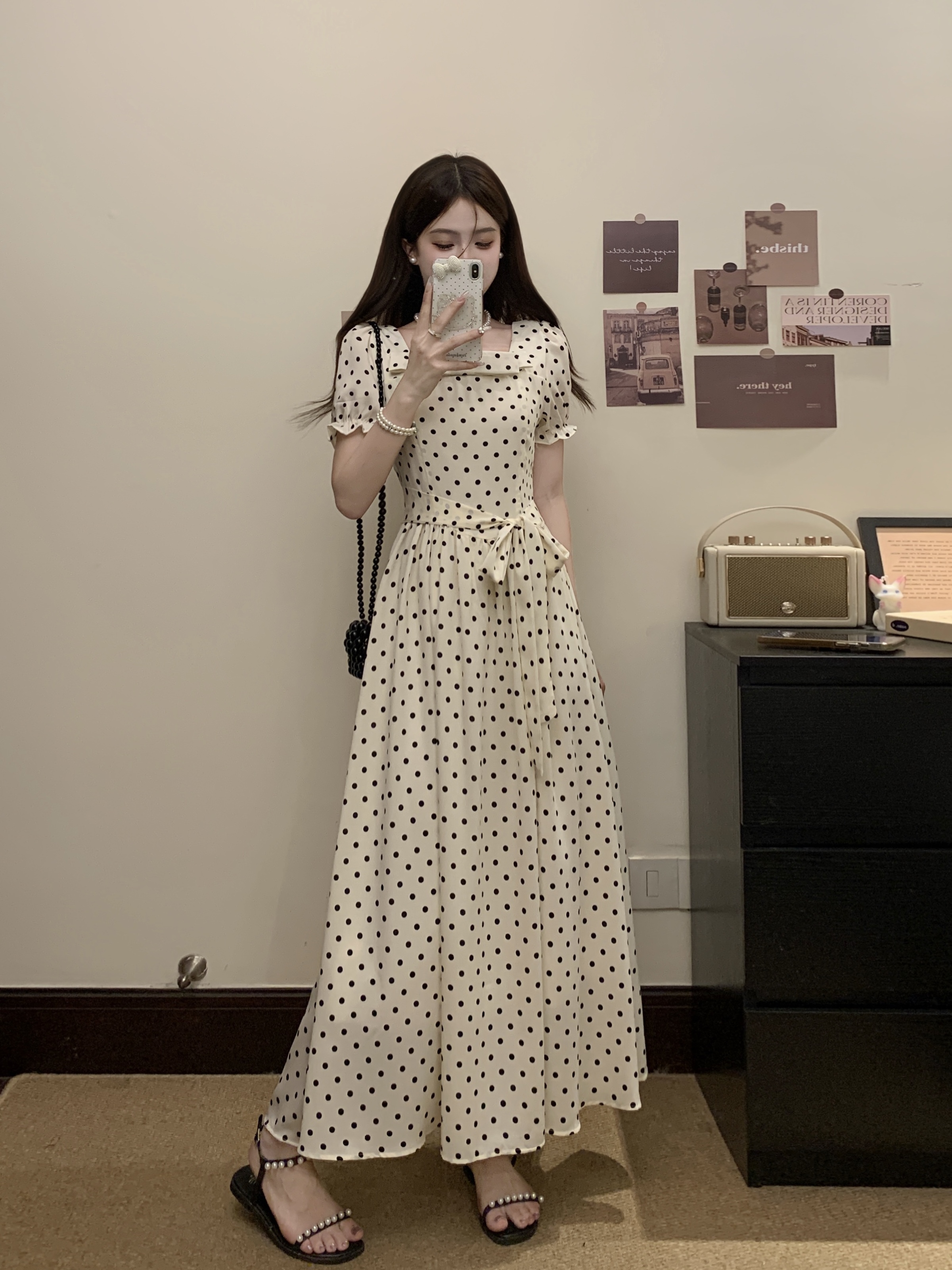 프랑스식 레트로 도트 무늬 거품 소매 여성 드레스 2026 새로운 부드러운 품격 서리가 내린 부서 고유 한 Chic 치마