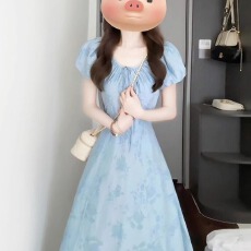 批发蓝色连衣裙子女夏季新款穿搭法式掐腰独特漂亮小个子气质长裙