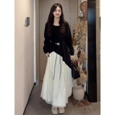 批发法式高级感假两件气质连衣裙女<b class='q'>春</b>秋2025新款时尚收腰显瘦过膝长裙