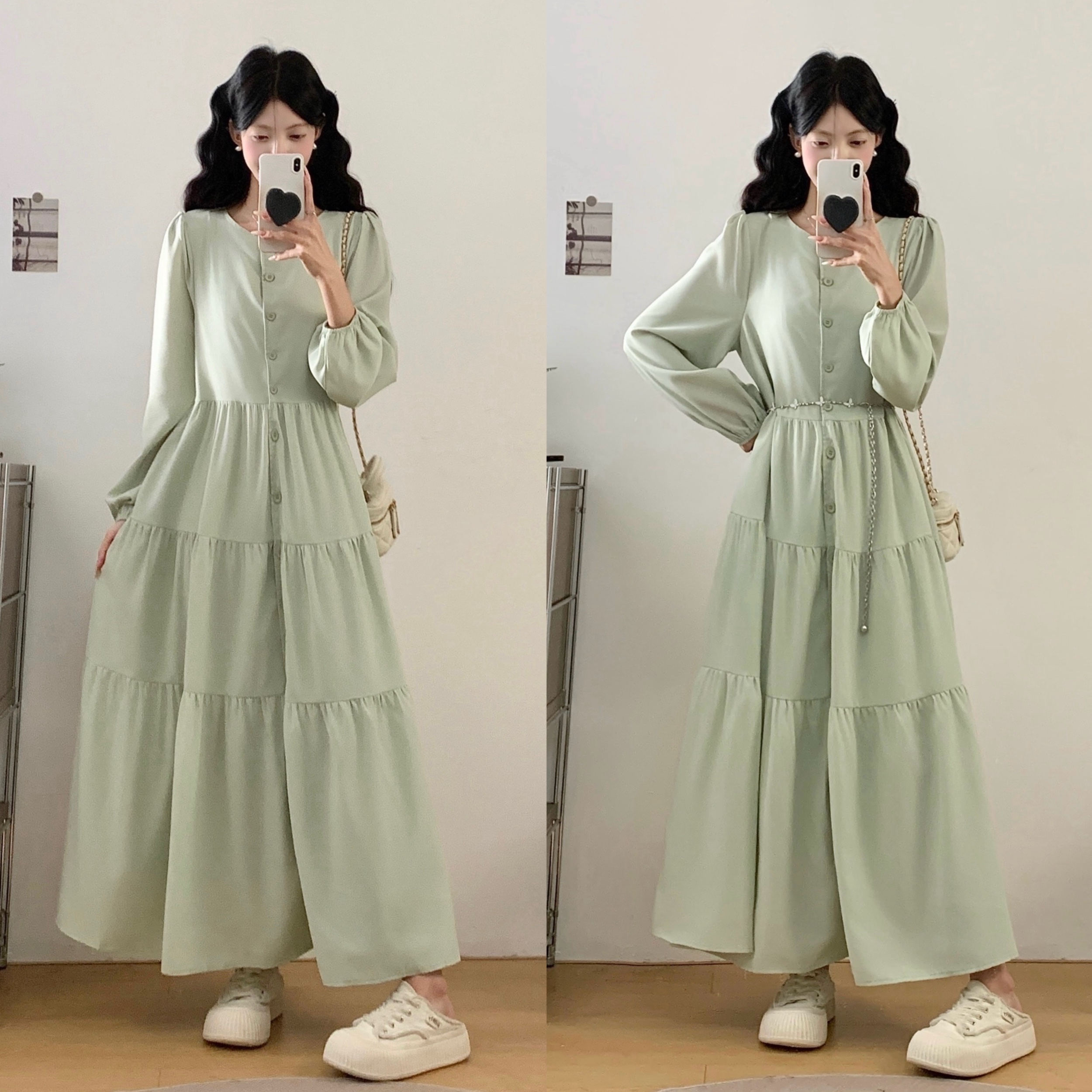 실사 녹색 긴팔 드레스 아이들 여름 봄 새로운 고급 센스 아름다운 품격 롱 스커트