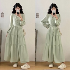 批发绿色长袖连衣裙子女夏季2025<b class='q'>春</b>季新款高级感绝美气质长裙