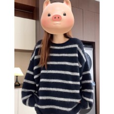批发美式慵懒风撞色条纹长袖圆领针织毛衣女<b class='q'>春</b>秋松弛感宽松休闲上衣潮